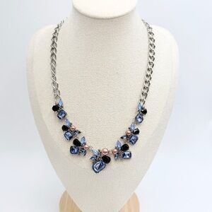 Silver Tone Chain Necklace with Blue Rhinestones & Faux Pearls